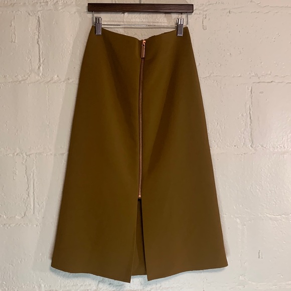TOPSHOP Tan Zip Front High Waist Raw Hem A-Line Skirt Sz 2 - Picture 1 of 6